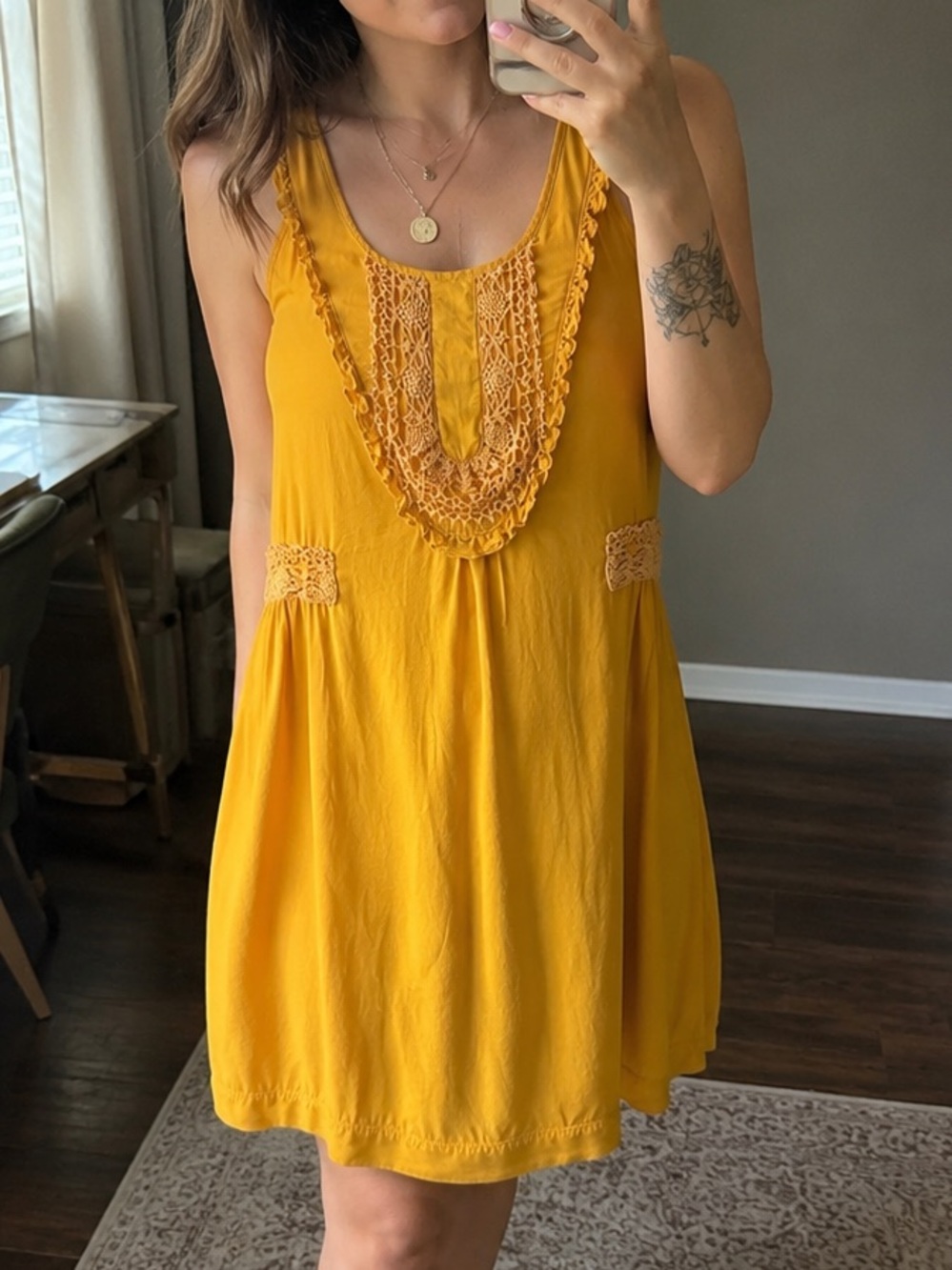 Maeve Anthropologie Mustard Crochet Lace Swing Dress Boho Rayon Small